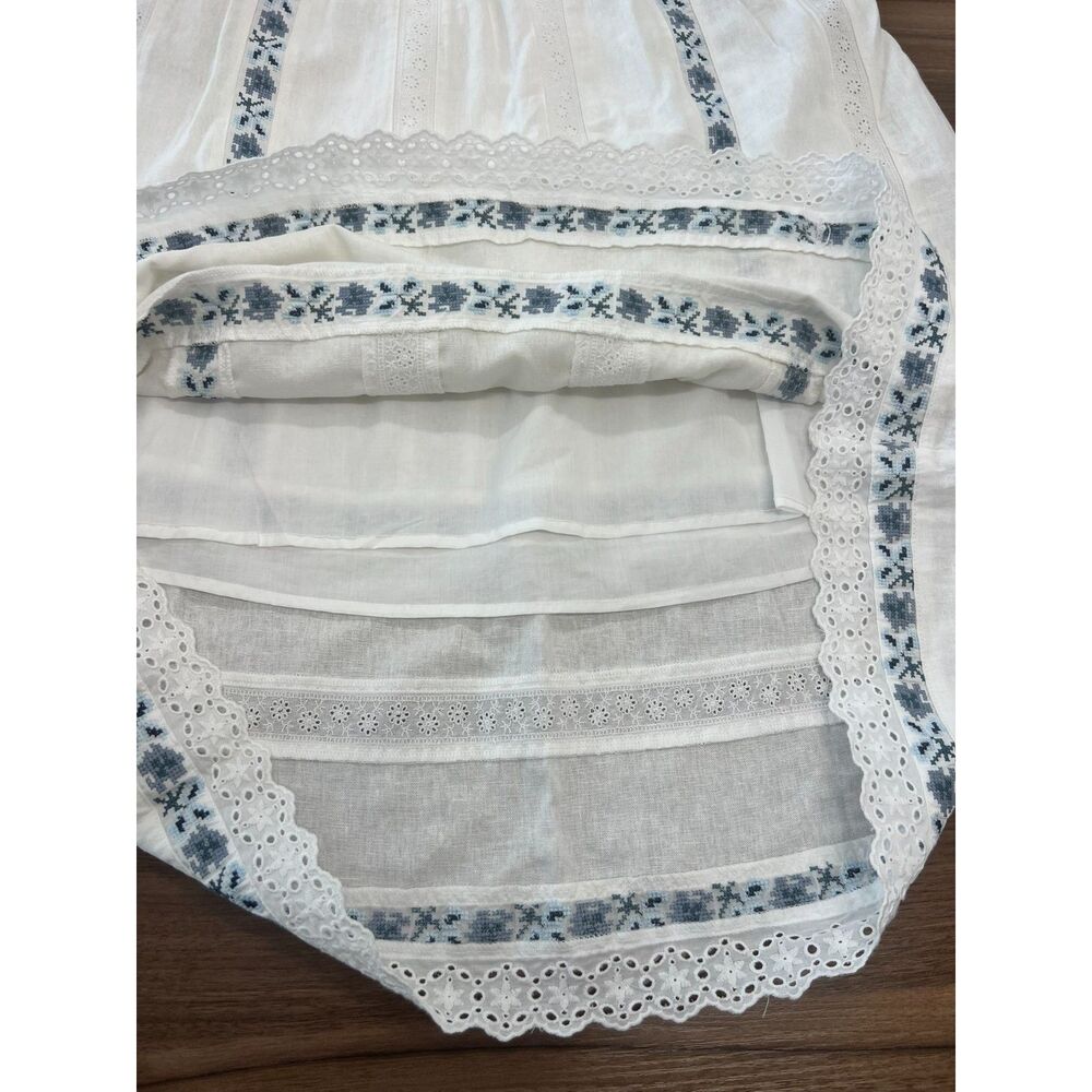 Caroline Constas XS Linen Blend Embroidered Maxi Skirt White Blue Boho Cottage - Picture 10 of 12